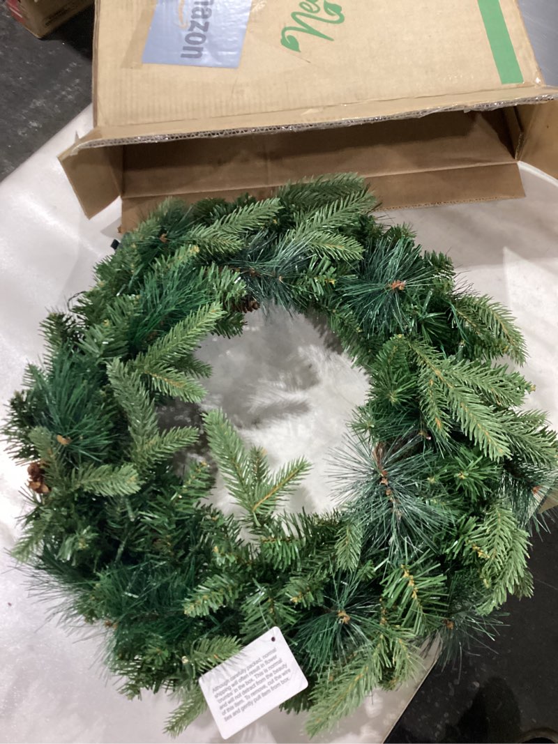 Condition photo showing New/Like New for Nearly Natural 24in. Mixed Pine Artificial Christmas Wreath with 35 Clear LED Lights and Pinecones