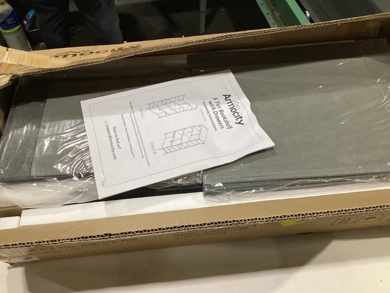 Condition photo showing Good Condition for Armocity Bookshelf with Drawers - 5 Tier Tall Bookcase Geometric Modern Book Shelf Display Standing Bookshelves with Storage for Living Room, Bedroom Home Office, Grey Oak