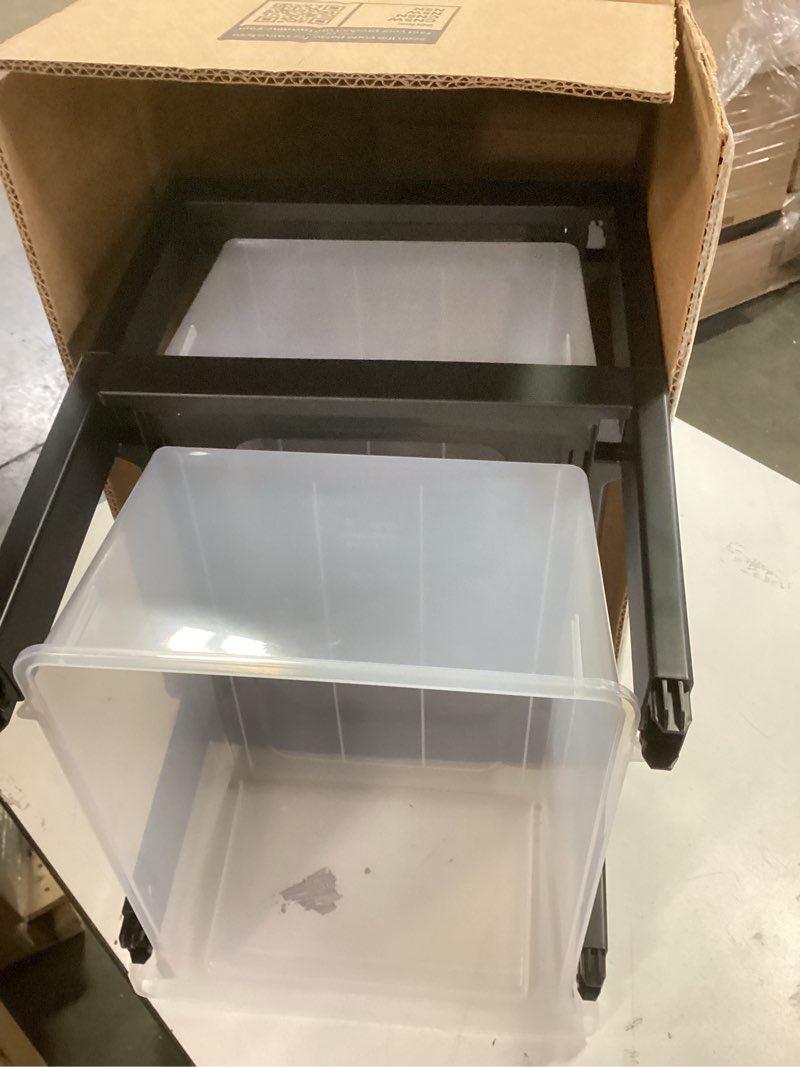 Condition photo showing As Is for IRIS USA Plastic Drawer Storage Organizer, 3Drawers, 1Pack, for Classroom Art Craft Supplies, Bathroom Bedroom, Laundry Room, Black/Clear 3 Drawer Black