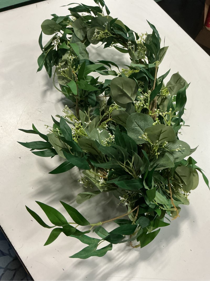Condition photo showing Good Condition for Fake Greenery Garlands Artificial Silver Dollar Eucalyptus Garland in Grey Green and Willow Twigs Garland Intertwined Together for Rustic Wedding Arch Swag Doorways Table Runner Decoration
