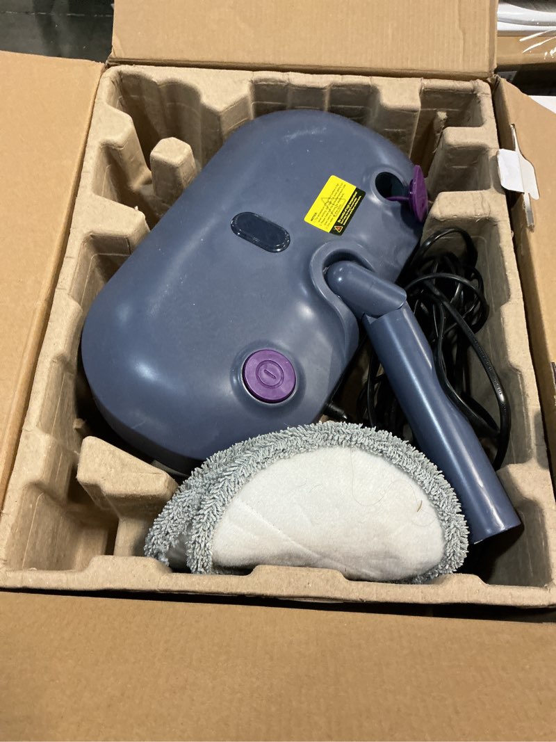 Condition photo showing As Is for scrubbing steam mop with rotating pads,all-in-one spin steam cleaner for floor cleaning,large tank,23ft cord, led headlights,reusable pads & self-standing,safe for hard floor/laminate/marble (violet)
