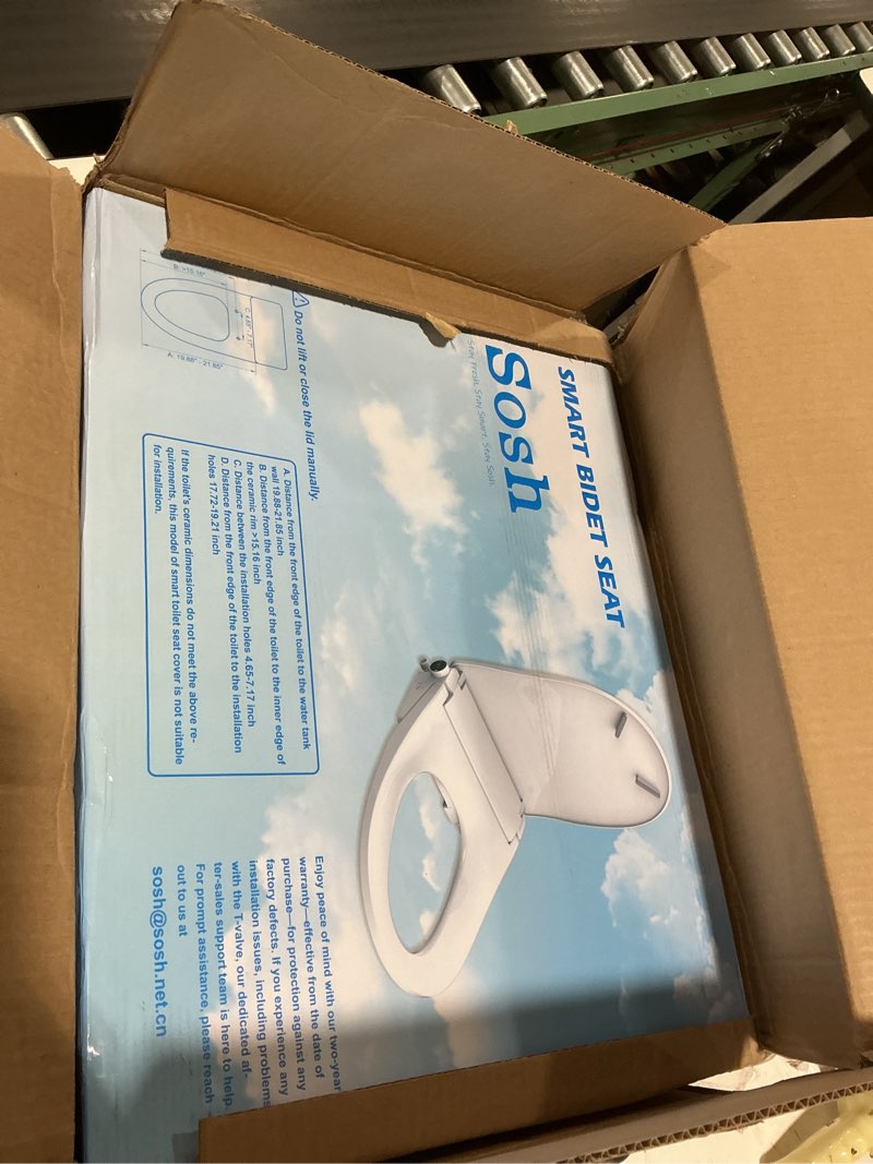 Condition photo showing New/Like New for sosh auto open lid bidet seat, smart max electric toilet seat with instant warm water, dryer, front and rear wash, remote control, self-cleaning nozzle, eco mode