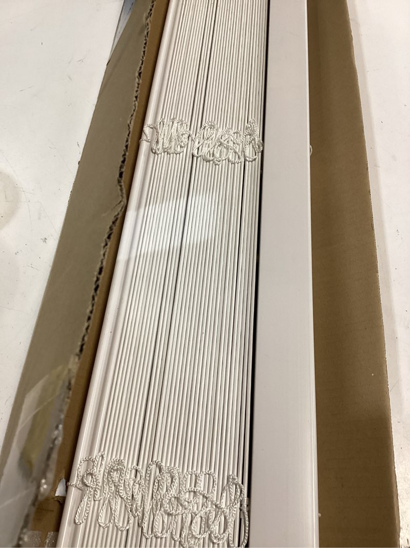 Condition photo showing Good Condition for allen + roth trim at home 2-in slat width 36-in x 64-in cordless white faux wood room darkening full-view standard horizontal blinds