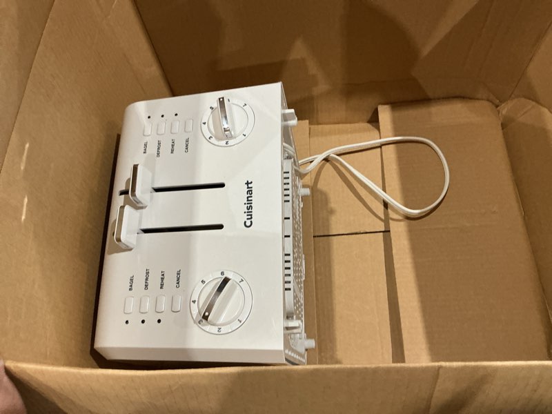 Condition photo showing As Is for cuisinart 4-slice compact plastic toaster, white, cpt-142p1