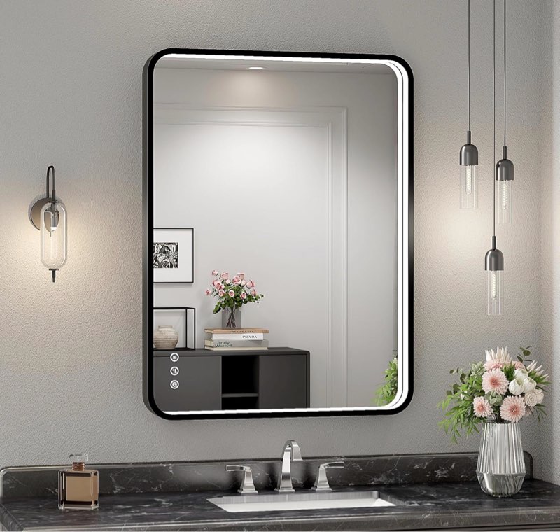 24x32 inch led bathroom mirror with lights, black metal framed led mirror for bathroom, 3 colors and stepless dimmable wall mounted lighted bathroom vanity mirror, anti-fog, memory black 24"l x 32"w