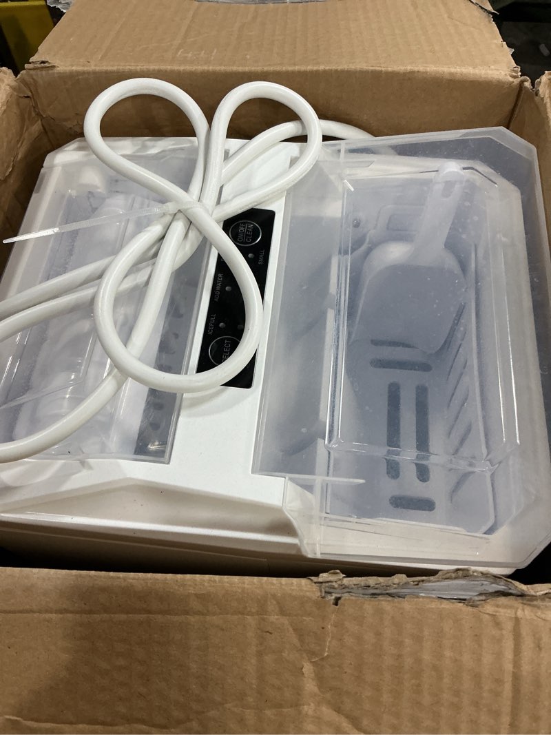 Condition photo showing As Is for DUMOS Portable Ice Maker for Countertop, 26.5lbs/Day, Fast Ice Making in 6 Mins, 9 Bullet Ice Cubes, 2 Ice Sizes, Self-Cleaning Quiet Compact Ice Machine for Home, Kitchen, White
