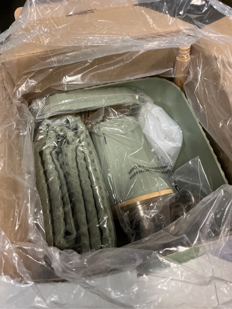 Condition photo showing New/Like New for clara clark bathroom accessories set - bathroom set, bathroom accessory set, shower curtain set, toilet brush, trash can & soap dispenser - sage green - 20pc sage green complete set solid
