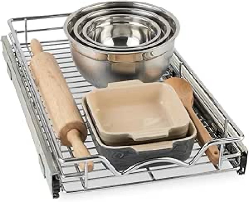 hold n' storage pull out cabinet organizer, heavy duty-w/lifetime limited warranty -11”w x 17”d-requires at least 12-1/4” cabinet opening, steel metal cabinet drawers slide out, chrome finish