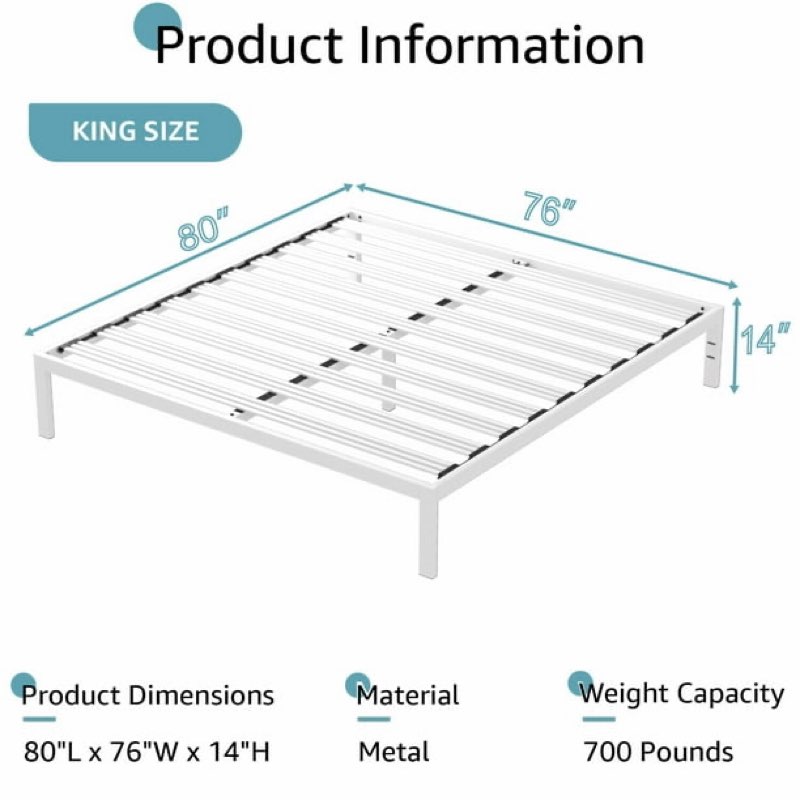 VOLIX 14" White Sturdy Heavy Duty Bedframe Wide Metal Slat Platform Bedframe, King