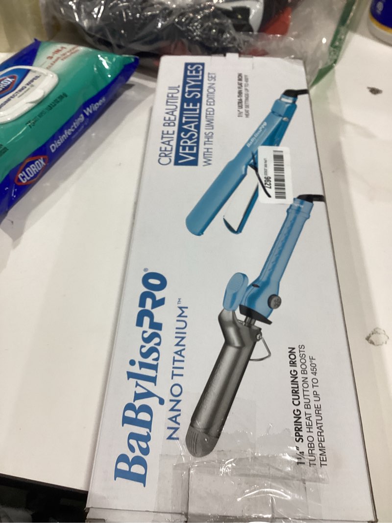 Condition photo showing As Is for babylisspro nano titanium ultra-thin hair curler, for all hair types, 1 1/2 inch prepack w spring iron blue