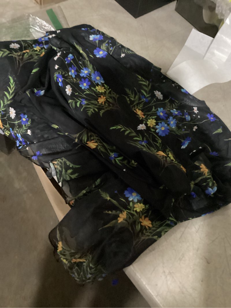 Condition photo showing Good Condition for prettygarden women's floral mesh midi dress | summer wedding guest dresses,short sleeve mock neck a-line,semi-sheer overlay,fit & flare,cocktail party,date night outfits large floral black blue yellow