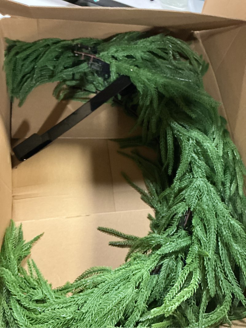 Condition photo showing As Is for NUPTIO Large Christmas Wreath with Lights: 36 Inch Prelit Real Touch Norfolk Pine Wreaths with Hook for Outdoor Front Door - Realistic Xmas Decorations 100 LED 8-Mode with Remote Timer for Holiday