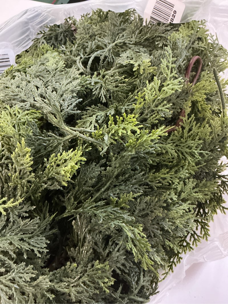 Condition photo showing As Is for 6ft faux cedar garland realistic,real touch christmas cedar garland, bendable branches for mantel decor, fireplace, staircase, table centerpiece,indoor/outdoor holiday winter decor (6ft)