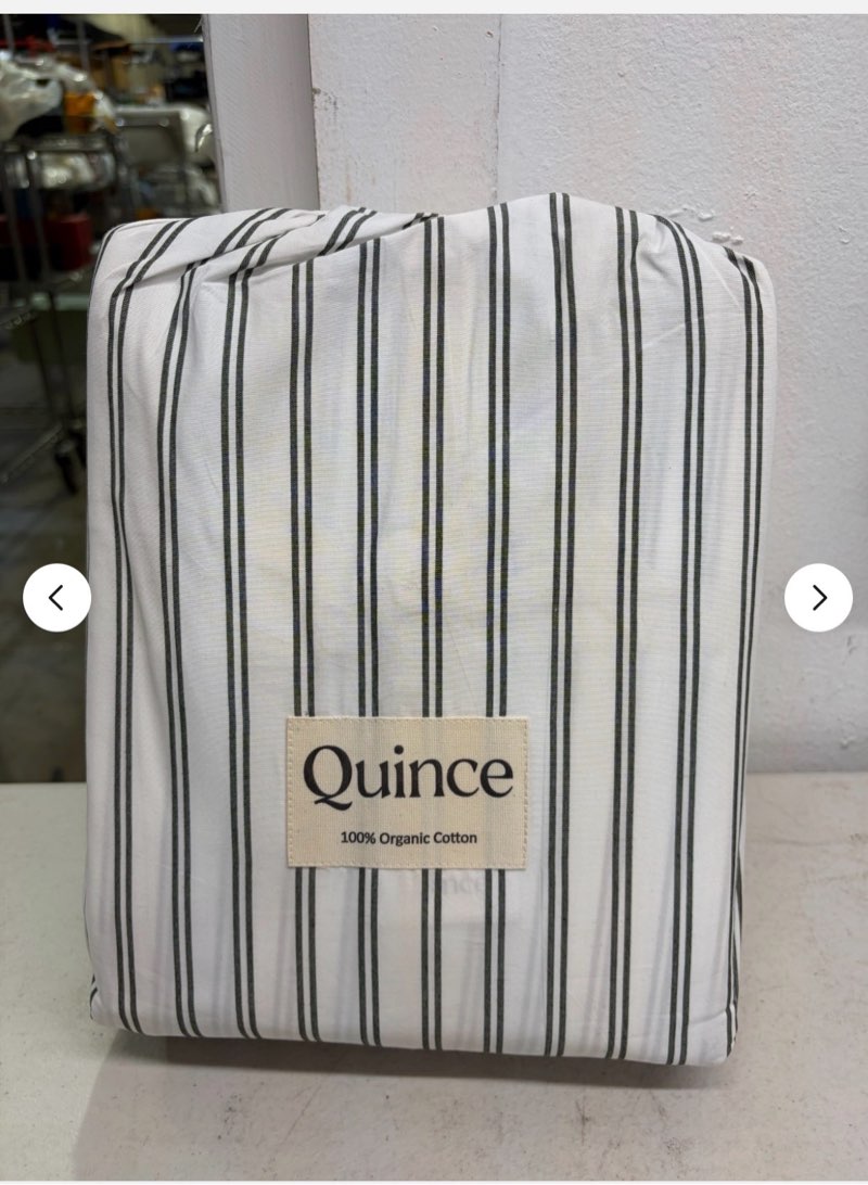 quince classic organic percale double stripe sheet set - white / pine - queen