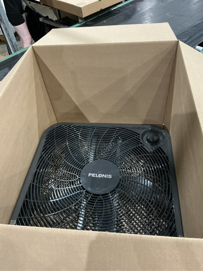Condition photo showing As Is for pelonis 20 inch box fan for bedroom– 3 speeds, 25ft/s, floor fan, window fan, table fan, desktop fan with superior air throw (2295 cfm), lightweight, 5 blades, suitable for office, living room, garage grey upgraded