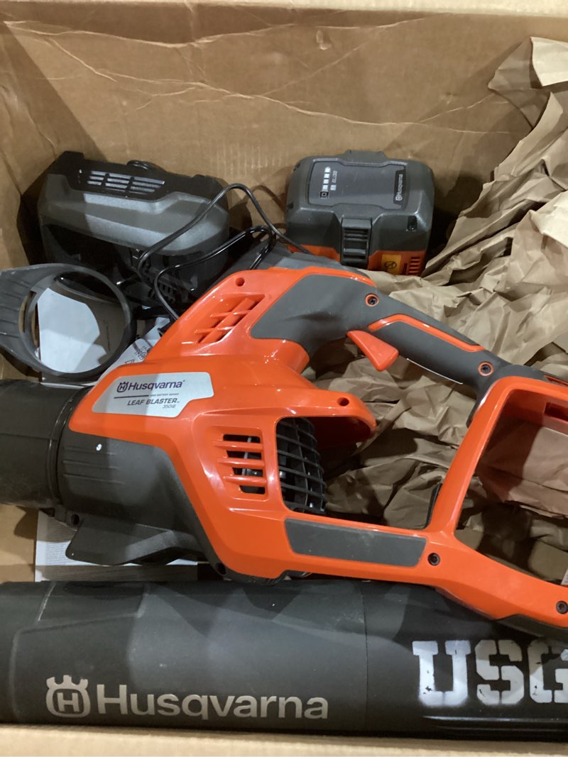 Condition photo showing Good Condition for husqvarna leaf blaster 350ib battery powered cordless leaf blower, 200-mph 800-cfm blower with brushless motor and quiet operation, 40v lithium-ion 7.5 ah battery and charger included, 970569904 battery + charger battery