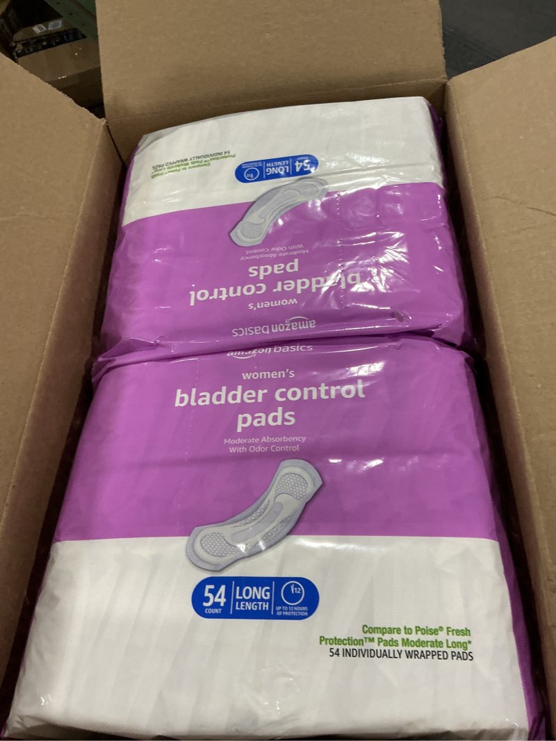 Condition photo showing As Is for Amazon Basics Incontinence Pads for Women Long, Bladder Control, Postpartum, Moderate Absorbency, Unscented, 108 Count (2 Packs of 54)