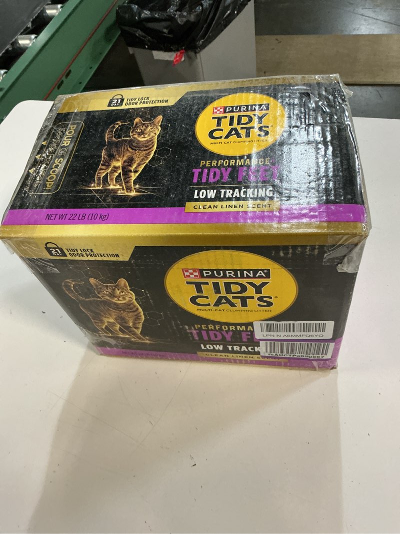 Condition photo showing New/Like New for purina tidy cats performance plus tidy feet cat litter, scented low tracking clumping multi-cat odor control with clean linen scent, 22 lb. box