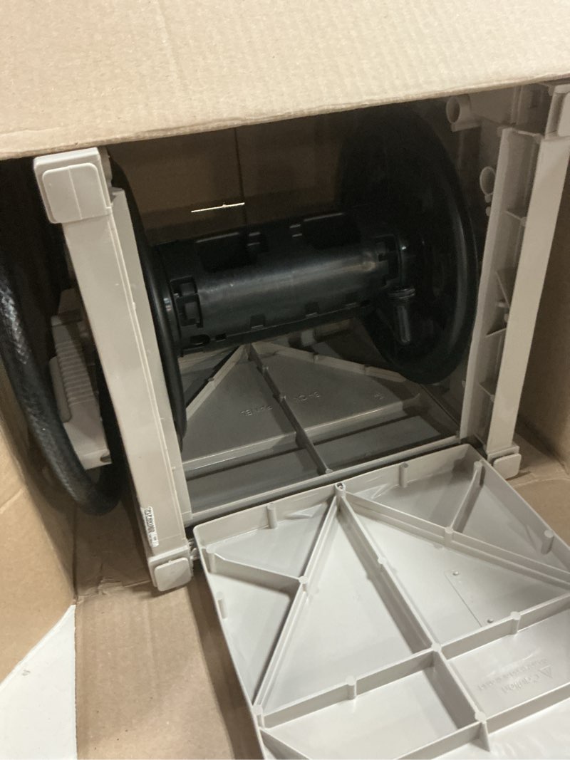 Condition photo showing As Is for suncast garden hose reel hideaway for 5/8" hoses, retracting storage of 100ft, light taupe 100' (light taupe)
