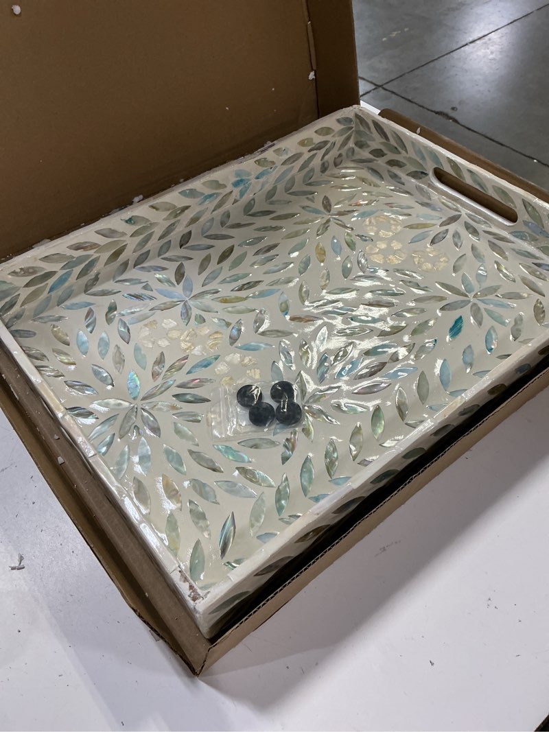Condition photo showing As Is for serving trays handmade trays for serving mother of pearl inlay decorative tray room decor, coffee table tray set of 2 trays decor for ottoman length 16'' and 14''