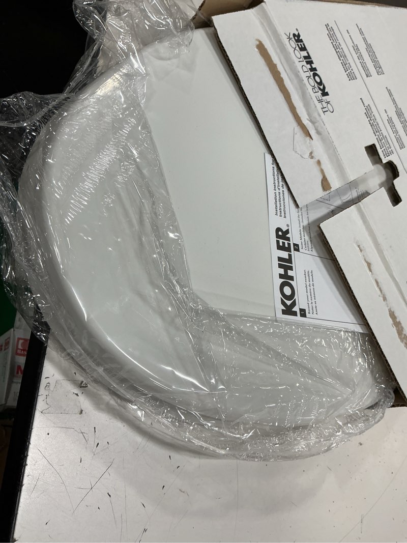 Condition photo showing As Is for kohler k-4774-0 brevia elongated white toilet seat with quick-release hinges and quick-attach hardware for easy clean, white
