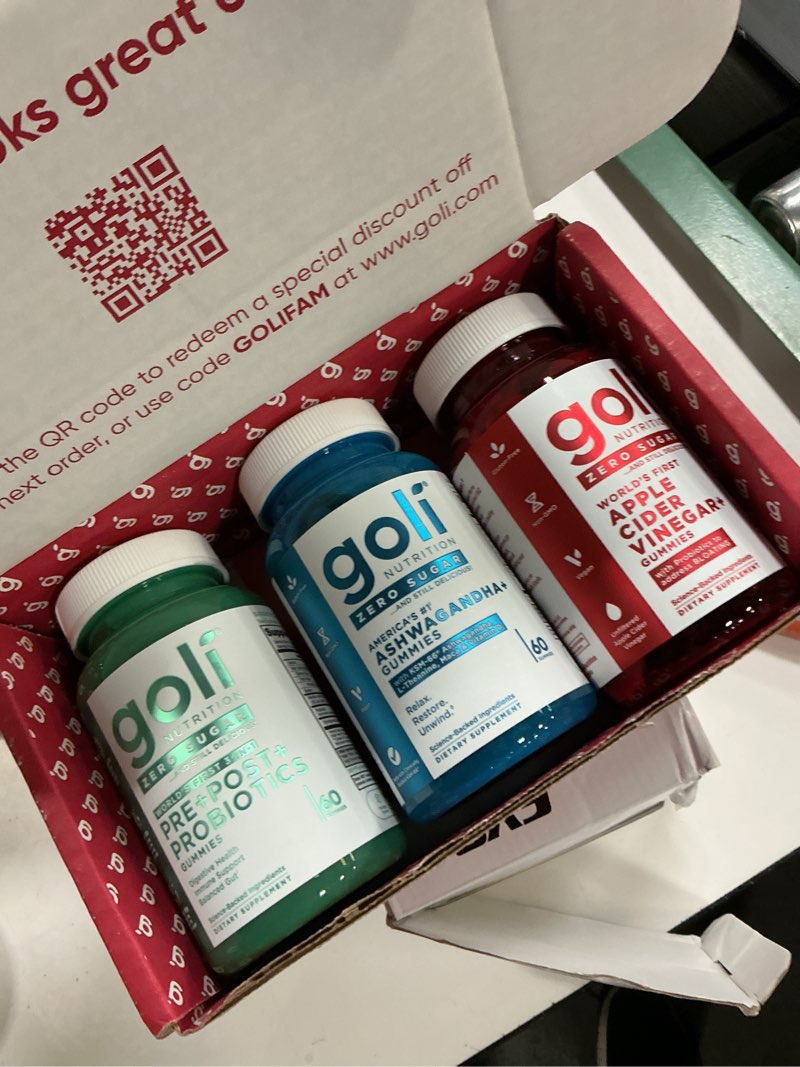 Condition photo showing New/Like New for ((b.b 04/27)) goli zero sugar trio - world's first 3-in-1 pre, post, probiotic, apple cider vinegar with vitamin b12 and probiotics, ashwagandha & l-theanine, vitamin d gummies 60 count (pack of 3)