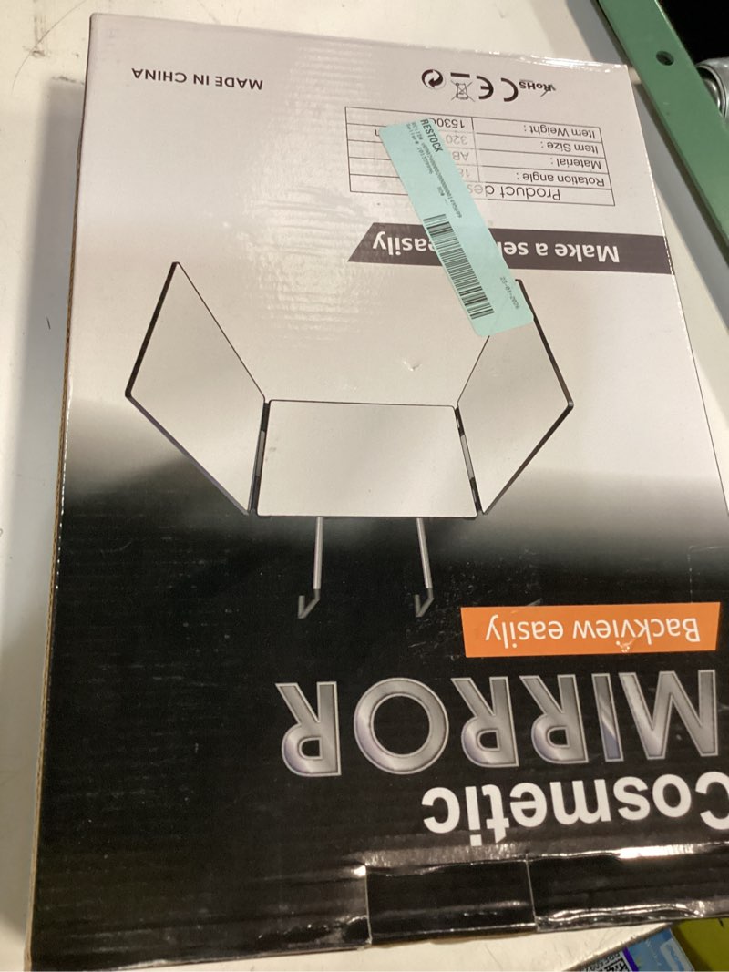 Condition photo showing New/Like New for bn-link 3 way mirror for self hair cutting  360 trifold mirror with height adjustable telescoping hooks  foldable three sided mirror for shaving  makeup  hair styling(black)