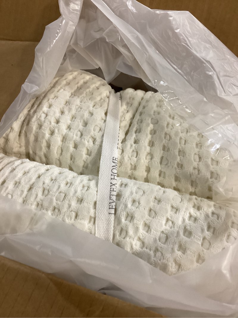 Condition photo showing Good Condition for levtex home mills waffle king/cal king quilt set (106x92in) with 2 pillow shams (36x20in) - cream - cotton waffle king size quilt bedding set - lightweight, soft, pre-washed king quilt cream