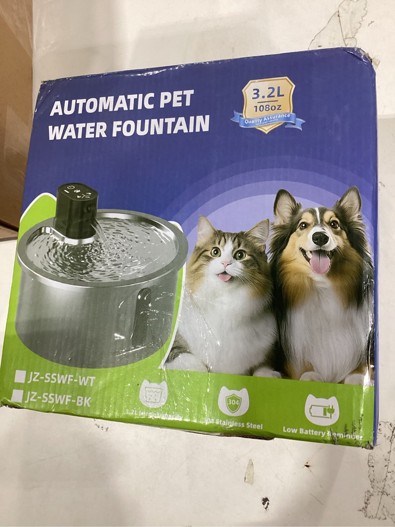 Condition photo showing Good Condition for Stainless Steel Wireless Cat Water Fountain 3.2L/108oz Automatic Cat Water Dispenser 4000mAh Battery Operated Large Capacity Pet Water Fountains for Cats Dogs (Black Classic) Stainless Steel White