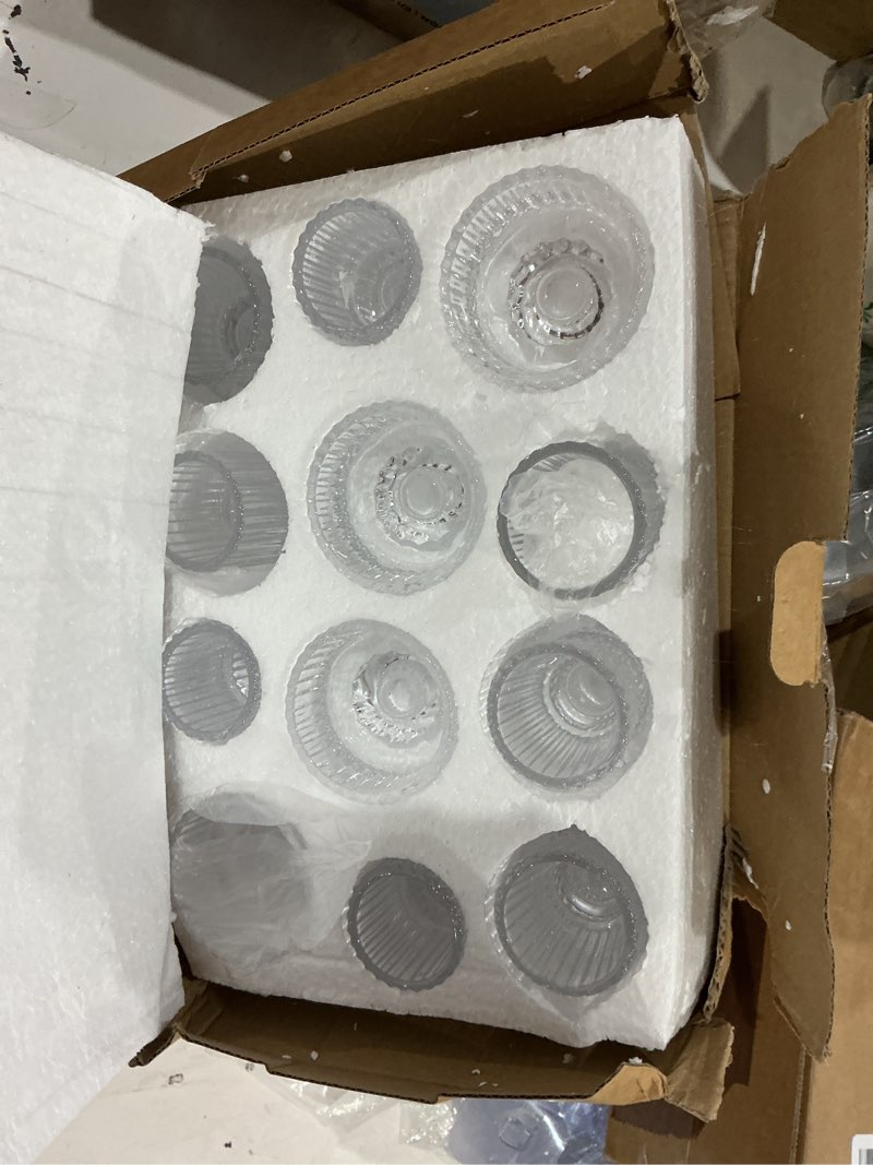 Condition photo showing New/Like New for syfurnix clear candlestick holders 12pcs ribbed glass taper candle holders for tealight stick candles table centerpieces thanksgiving christmas indoor and outdoor decorations clear 12