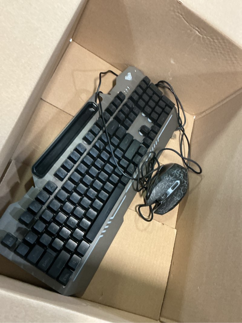 Condition photo showing As Is for AULA Keyboard, T102 104 Keys Gaming Keyboard and Mouse Combo with RGB Backlit Number Pad, All-Metal Panel Waterproof Light Up PC Keyboard,USB Wired Computer Keyboards Gaming for Win XP/7/8/10 PC Gamer Black Keycaps + Silver Panel