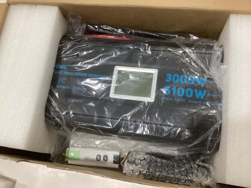 Condition photo showing As Is for 3000 watt power inverter pure sine wave with 6100watt surge for 2s 12v dc to 120v ac converter,ul listed gfci outlets, lithium battery compatible for rvs,off-grid solar power inverter by giandel 3000w-gfci, not tested