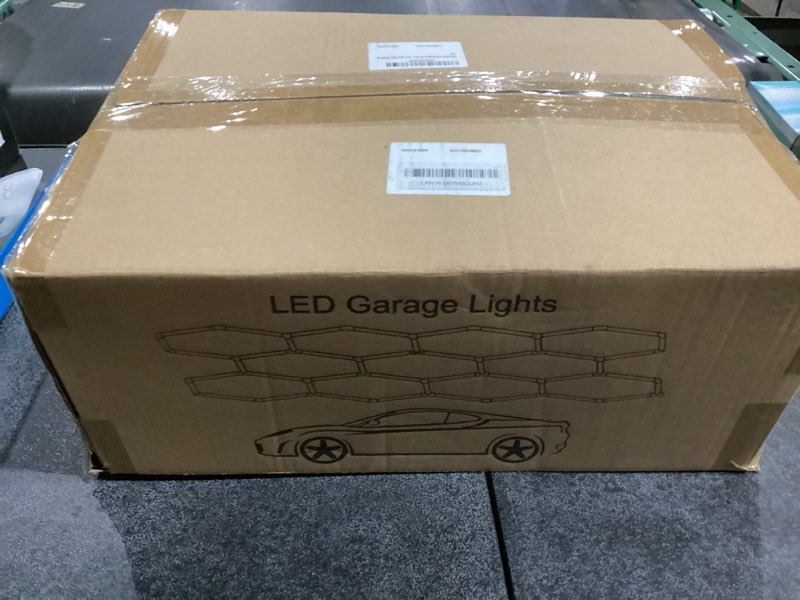 Condition photo showing New/Like New for MODERN 11Grids Hexagon Garage Light: 48Pack 384W 47000LM High Brightness Hexagon Garage Lights-Easy Install Honeycomb Ceiling Lights for Warehouse, Gym Basement, Exhibition Hall 11 HEX (?129"L x 92.5"W x 1.4"H )