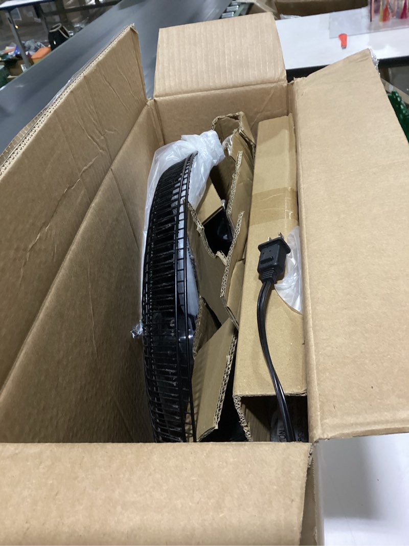 Condition photo showing As Is for amazon basics 16" pedestal fan with remote, floor fan, standing fan for bedroom, living room, office, with 3 speeds, 3 modes, timer, dual-layered blades, adjustable height, tilt head, 60w, black 3-speed, ac motor