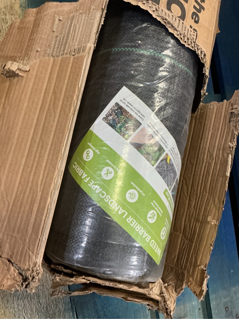 Condition photo showing New/Like New for 6ft x 300ft weed barrier landscape fabric heavy duty, woven geotextile weed blocker fabric with 120 u-shaped securing pegs, weed control mats ground cover for garden beds, commercial driveway