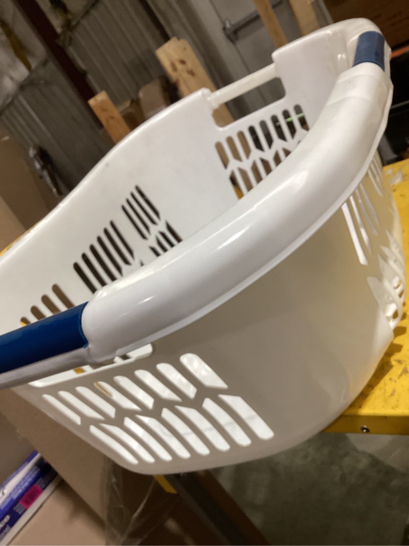Condition photo showing As Is for rubbermaid hip hugger laundry basket fg299787wht 3 handle 1.5 bushel white