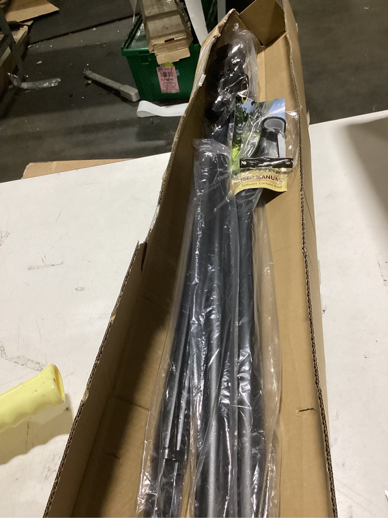 Condition photo showing As Is for tension curtain rod 41-122 in-88lb outdoor extra long tension rod no drilling for window or bathroom patio, adjustable heavy duty shower curtain rod, easy to install, never rust, non-slip-black black 41''-122''