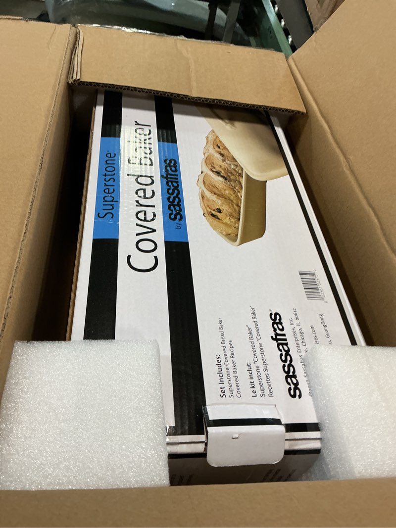 Condition photo showing New/Like New for Sassafras Superstone® Covered Bread Baker with Lid - Bisque Glazed Exterior and Unglazed Interior Stoneware Bakeware - Bakes an Artisan Italian Bread with Crusty Crust and a Light Crumb