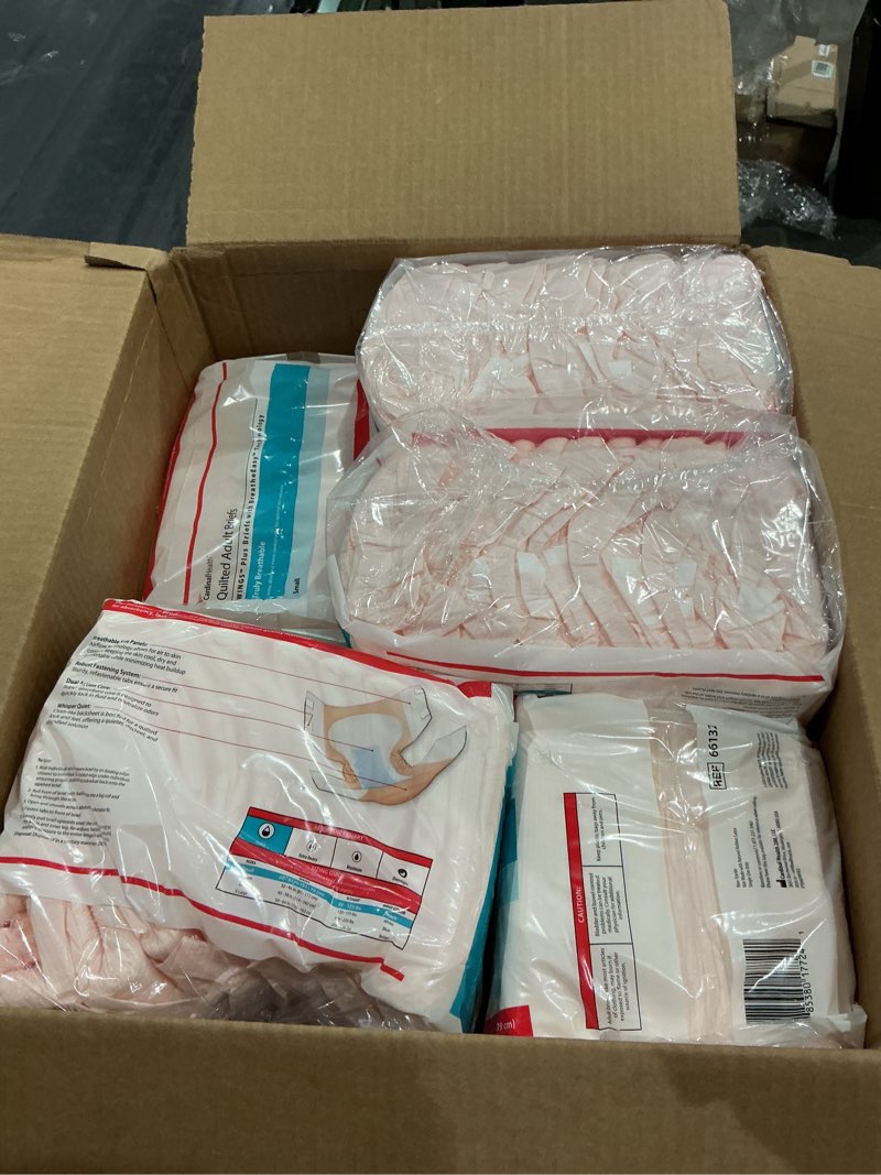 Condition photo showing New/Like New for cardinal health™ quilted adult briefs, wings™ plus, heavy absorbency, size small, unisex adult briefs, disposable incontinence diapers with refastenable tabs – case of 8 bags of 12 briefs (96 total)