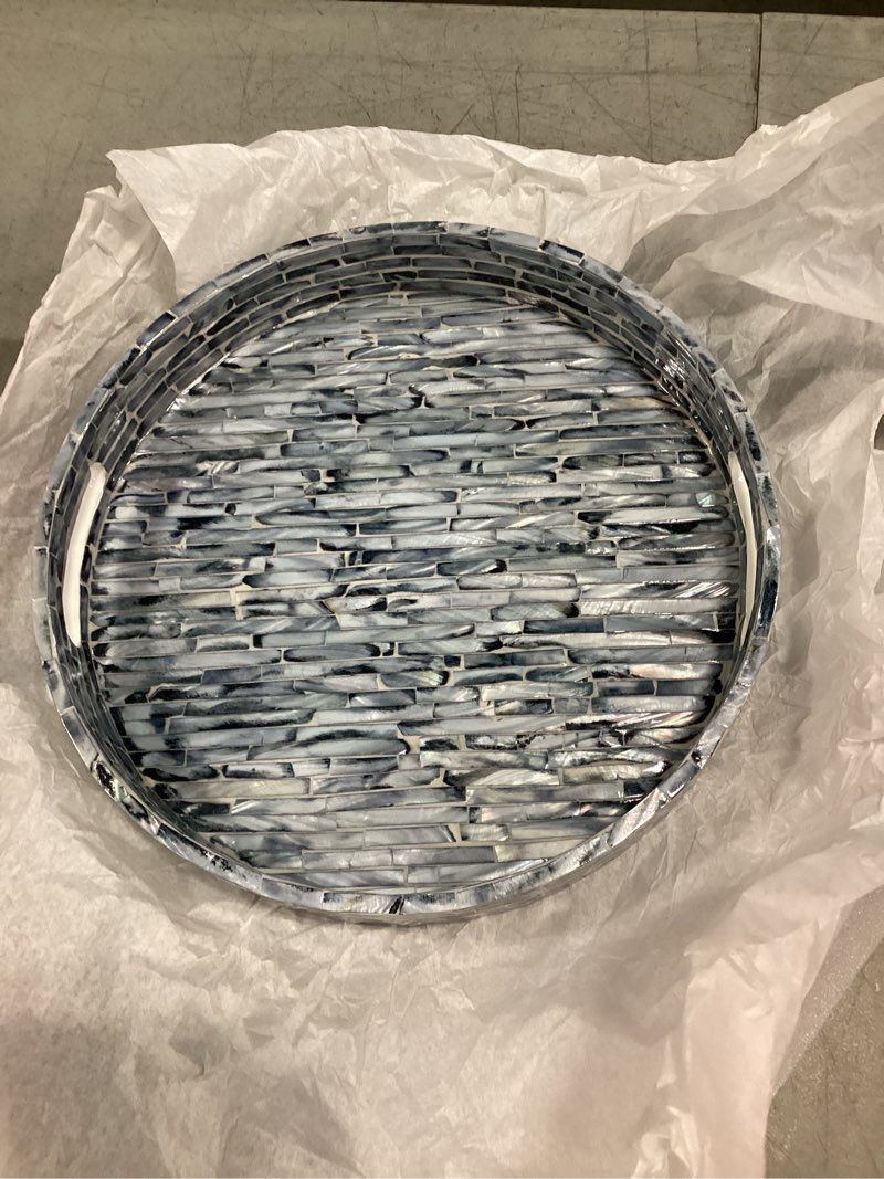 Condition photo showing New/Like New for pemar 12.6” mother of pearls lacquer inlaid round serving tray with handles, round decorative nacred wooden ottoman coffee table tray (blue tiles)