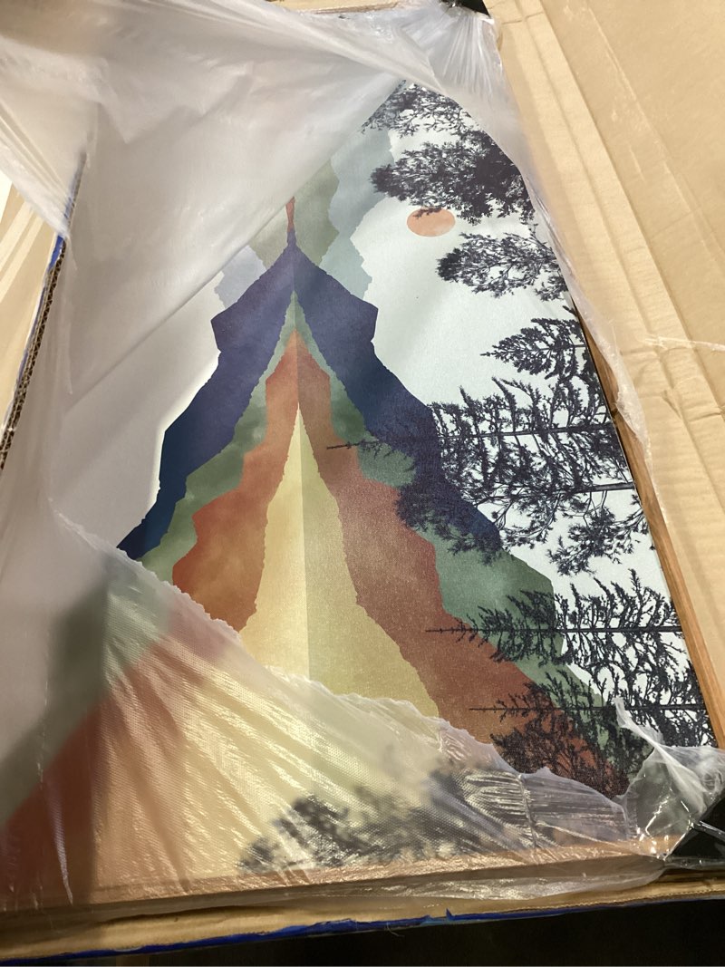 Condition photo showing As Is for chditb mountain sun forest framed art prints(40"x20"), boho watercolor nature landscape canvas artwork painting, abstract foggy national park scenery poster decor for living room bedroom watercolor landscape (brown frame) 40"l x 20"w