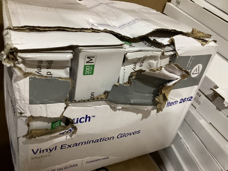 Condition photo showing New/Like New for dynarex safe-touch vinyl disposable exam gloves, powder-free, food safety and compliance, ambidextrous, clear, medium, 1 case - 10 boxes of 100 safe-touch vinyl disposable exam gloves