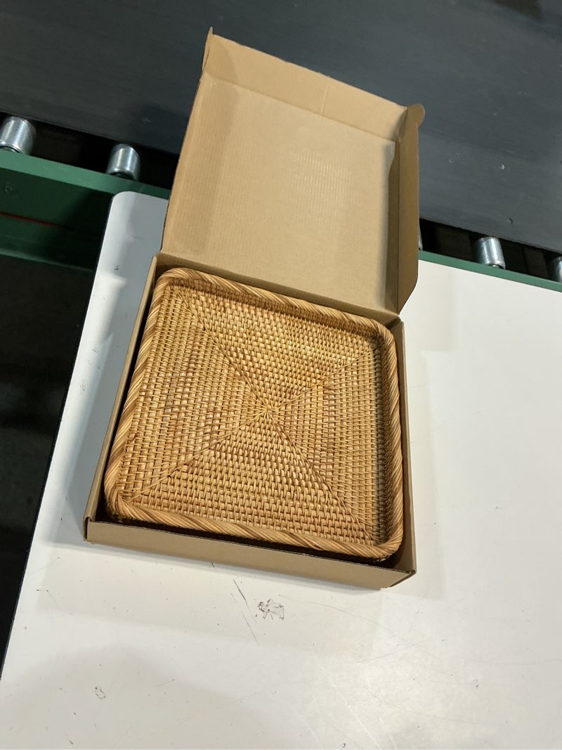 Condition photo showing Good Condition for i-lan 12.5" square rattan serving basket - square woven bread, fruit, keys bowl pedestal stand with 1”side,flat wicker decorative snack basket trays for candy dish,rustic platter,display riser casual