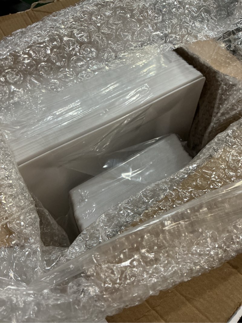 Condition photo showing New/Like New for setup 100-piece white square plastic dinnerware set – 50 9.5" dinner & 50 6.5" salad plates – heavy-duty disposable for weddings, catering, parties 100 count white square plates
