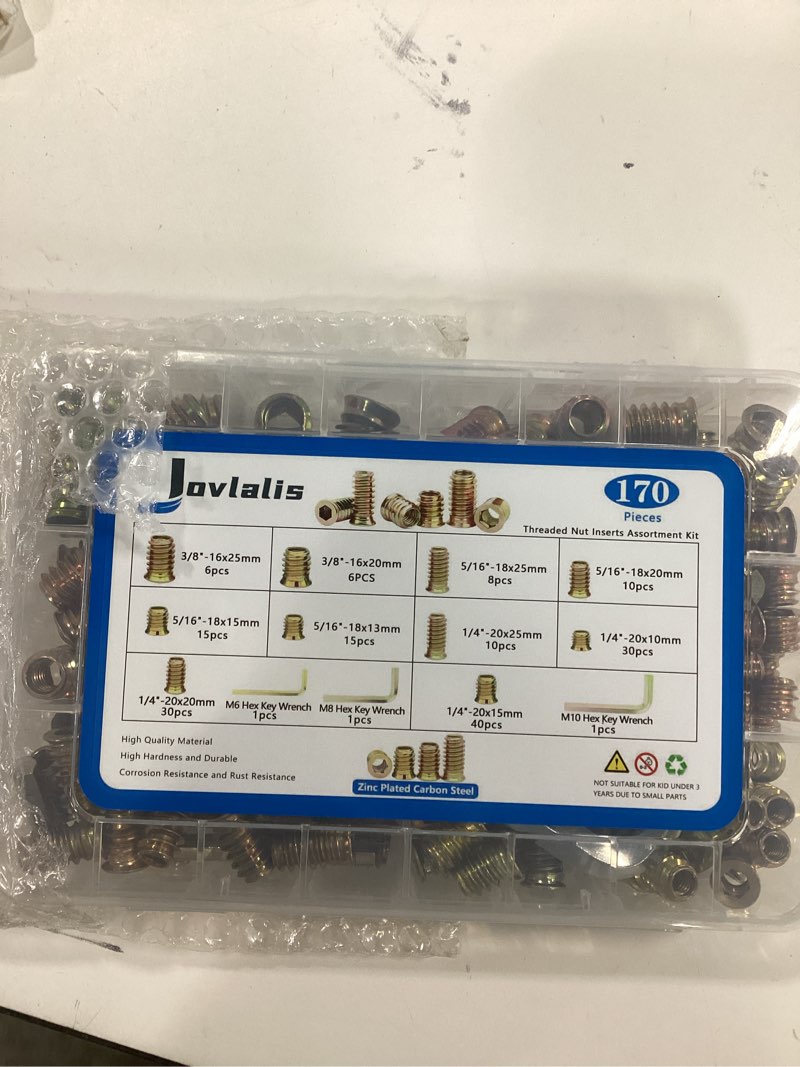 Condition photo showing Good Condition for 170 PCS Threaded Inserts Nuts, 10 Sizes-1/4-20, 5/16"-18, 3/8"-16 Wood Inserts Assortment Kit, Steel Threaded Inserts for Wood Furniture Screw Threaded Inserts Kit with 3 PCS Hex Wrench