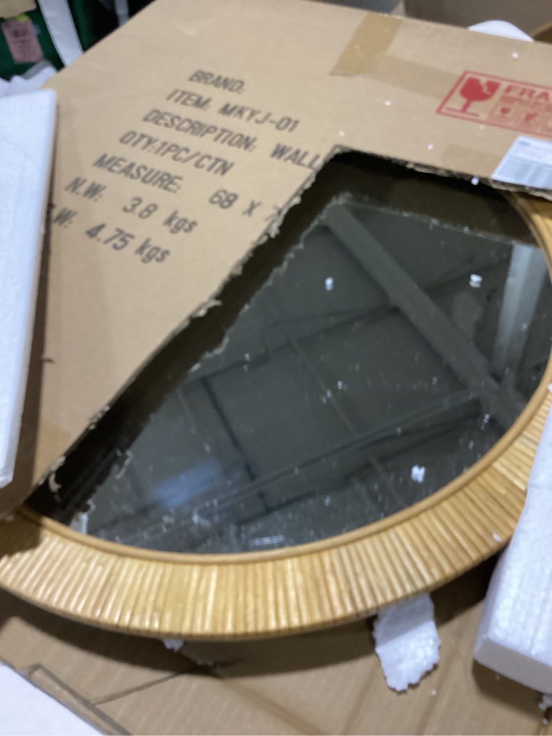 Condition photo showing As Is for decorative rattan wall mirror, boho bathroom modern makeup mirror, rustic wall bohemia mirrors for bedroom, living room, vanity versatile farmhouse, nursery, bathroom, 24"x24", round round 24"l x 24"w