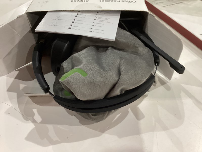 Condition photo showing As Is for wireless headset with mic for work, ai enc noise cancelling for clear call ? meeting, work headset with charge stand for remote & office, bluetooth 5.3 & 2.4g dongle headset for pc, phone, teams, zoom black golden