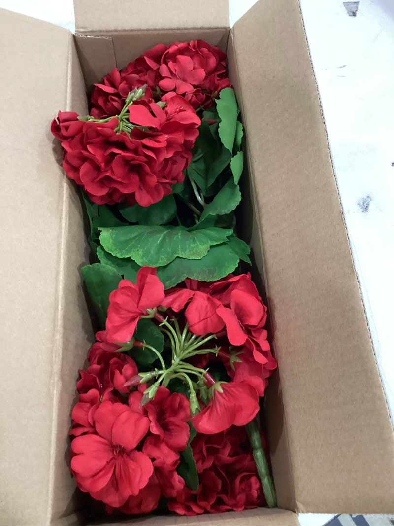 Condition photo showing Good Condition for forest prince 2 pcs 18" artificial geraniums for outdoors, uv resistant red silk flowers for window box porch patio garden decor, waterproof ruby red rubyred