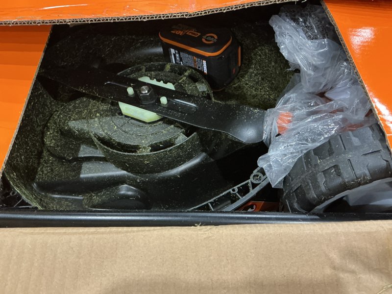 Condition photo showing As Is for worx 14" cordless lawn mower, 2 in 1 electric mower cuts quietly, compact & lightweight push lawn mower with 6-position height adjustment for small yards, 2 batteries & charger included, wg779 14" 40v mower w/(2) 4.0ah batteries