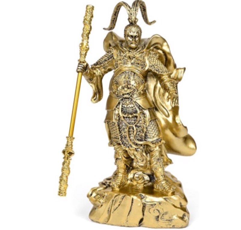 Black Myth Wukong Figure,Imitation Wood Sun Wukong Statue w/Ruyi Golden Cudgel Resin Monkey King Standing Sculpture Journey to The West Desktop Ornament (Imitation Brass)